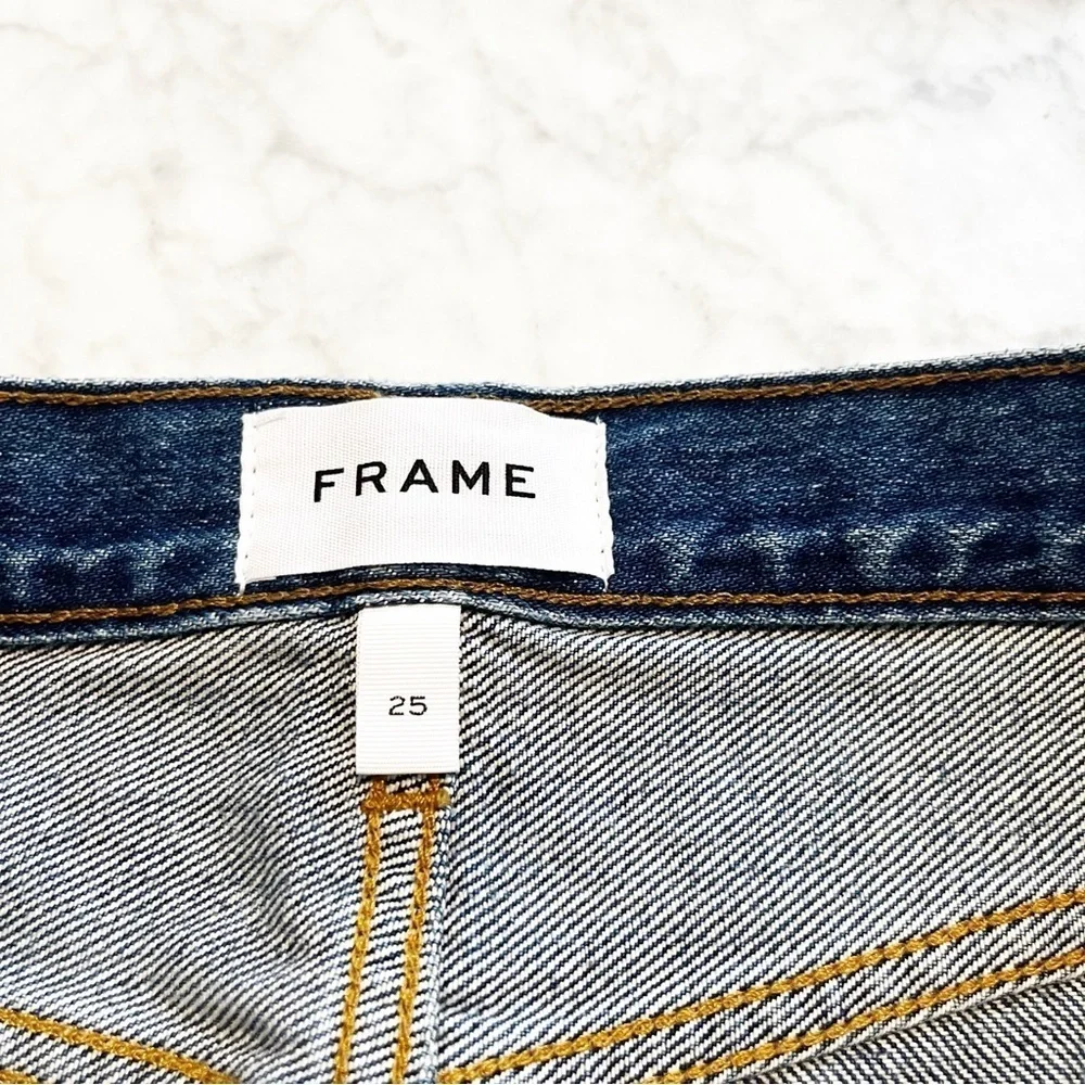 Frame Distressed Raw Hem Denim Skirt
